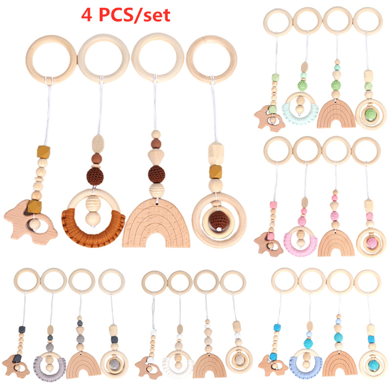 Baby Play Gym Frame Wooden Beech Activity Gym Frame Stroller Hanging Pendants Toys Teether Ring Nursing Rattle Toys Room Decor